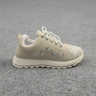 Beige Floral Embroidered Sneakers